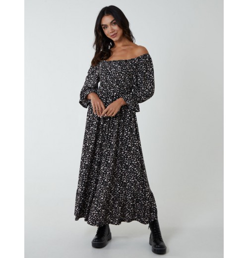 Puff Sleeve Square Neck Shirred Midi Dress