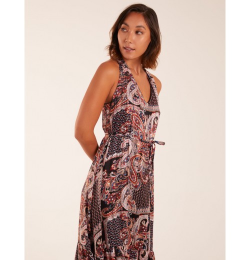 V Front Sleeveless Paisley Midi Dress With Detailed Straps