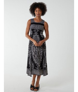 Shirred Print Midi Dress