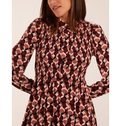 Geometric Print Shirred Bust Long Sleeve Shirt Dress