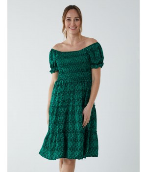 Puff Sleeve Bardot Shirred Dress