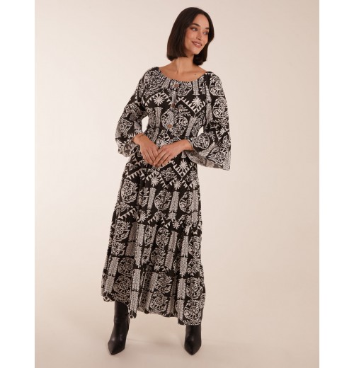 Print Button Front Scoop Neck Maxi Dress